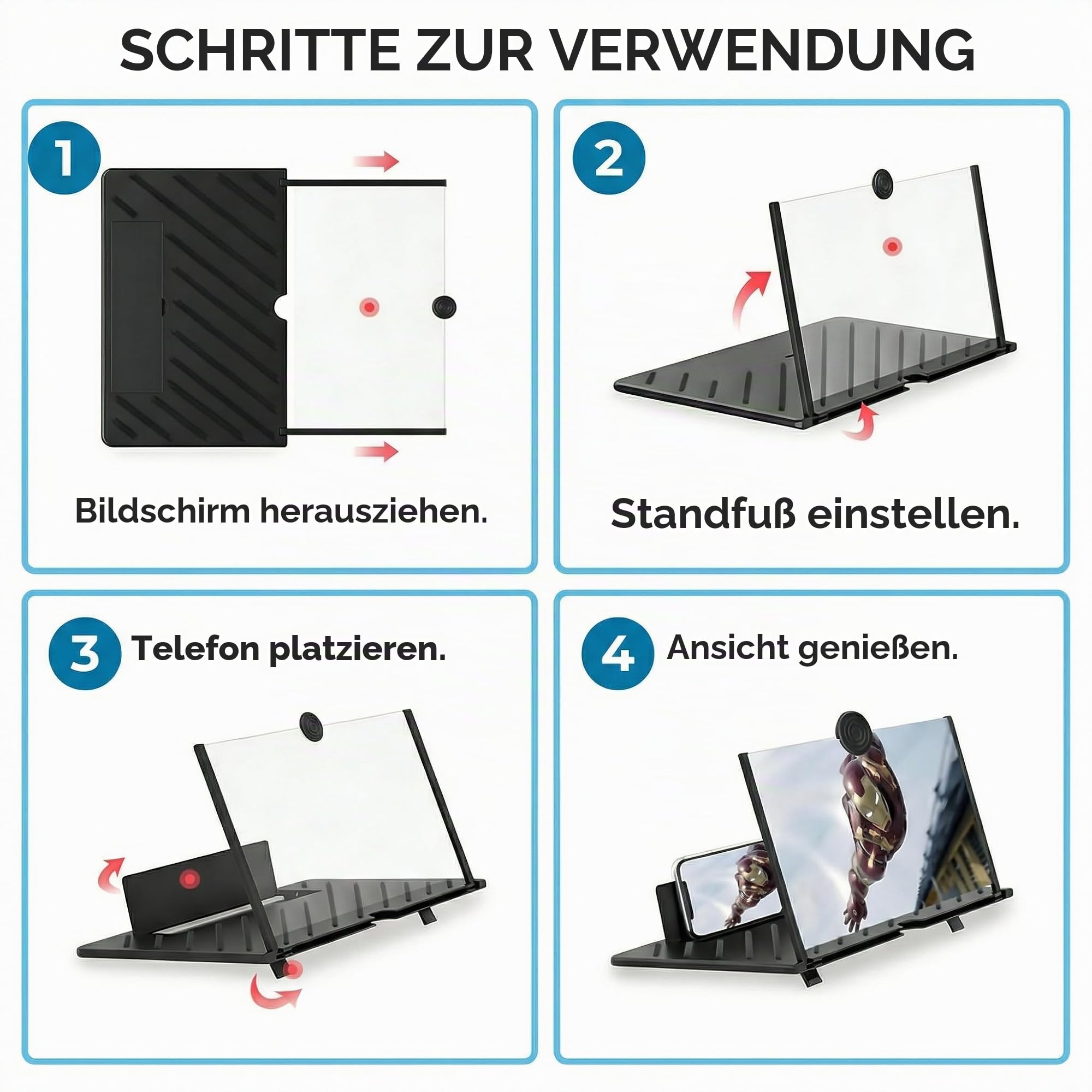 Handy Bildschirmlupe 20 Zoll, 3D Bildschirm für Handy, Faltbarer HD Handy Lupe für Allen Smartphones, Anti-Blaulicht für das ansehen von filmvideos (Schwarz)