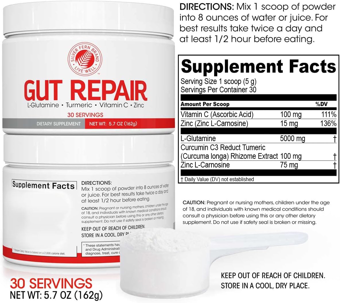 Silver Fern Gut Repair - Digestive Health Supplement Powder - L-Glutamine, Curcumin, Zinc & Ascorbic Acid (2 Tubs - 60 Servings) - Image 2