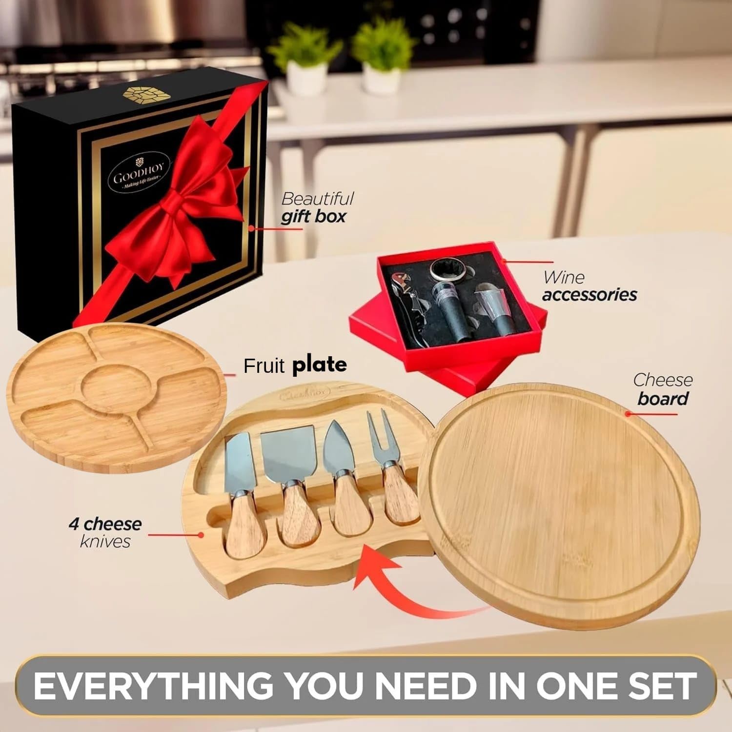 Premium Cheeseboard Gift Set With 5 Wine Accessories And Fruit Platter.