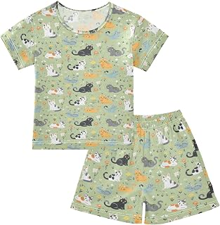 ALAZA Cat Wild Flowers Seamless Pajama Set Cotton 2 Piece Pjs Short Sleeve Sleepwear for 5-14Y