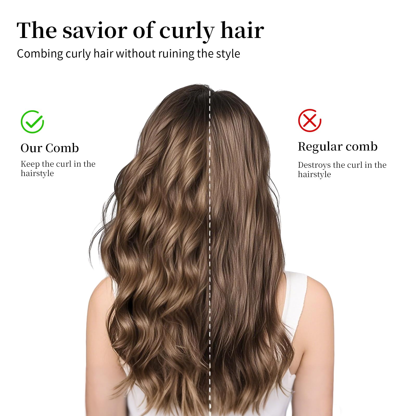 Peine de dientes anchos para cabello rizado y desenredante con diseño de dientes ondulados de doble capa y mango ergonómico para cabello largo, grueso y seco, húmedo para mujeres/niñas sin alisar el