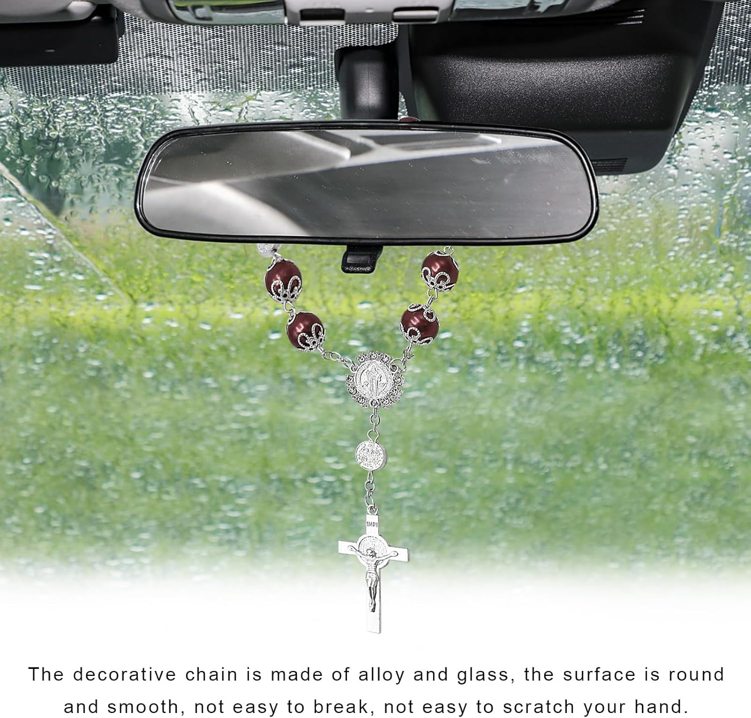 2 PCS Car Rosary for Rearview Mirror, Personalized Cross Blessing Rosary Beads Hanging Ornament, Auto Rear View Mirror Medal Cross Religious Charm Pendant for Women Men (Coffee) - Image 3