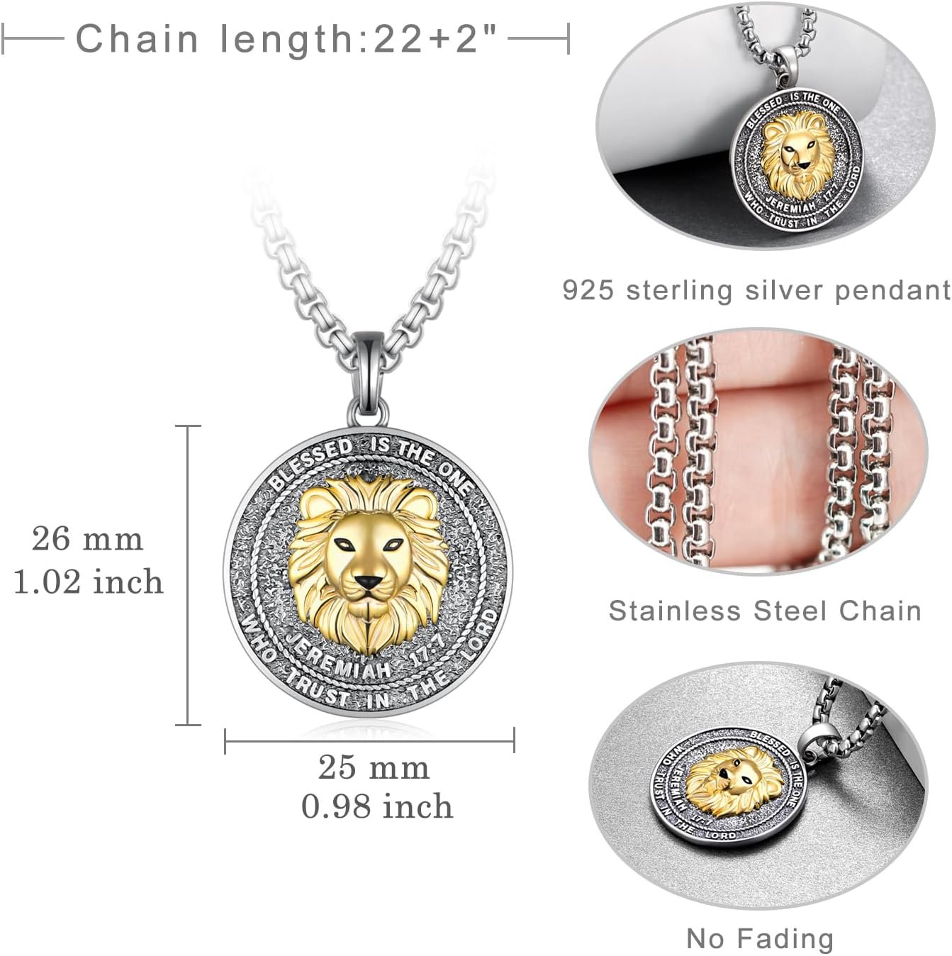 Lion Necklace 925 Sterling Silver Lion Pendant Necklace Blessed is the One Who Trusts In the Lord Christian Faith Religious Jewelry Gifts for Men Women - Image 4