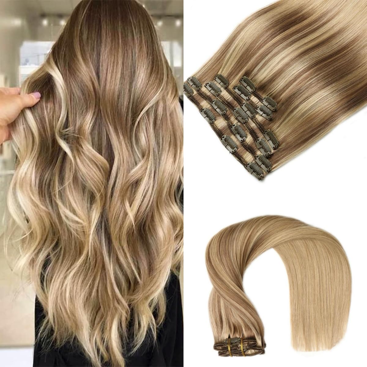 VINBAO 22In Clip in Hair Extensions Ash Blonde with Dirty Blonde Silky Long Straight Human Hair Clip in Extensions Salon Quality For Women 120g 6Pcs (