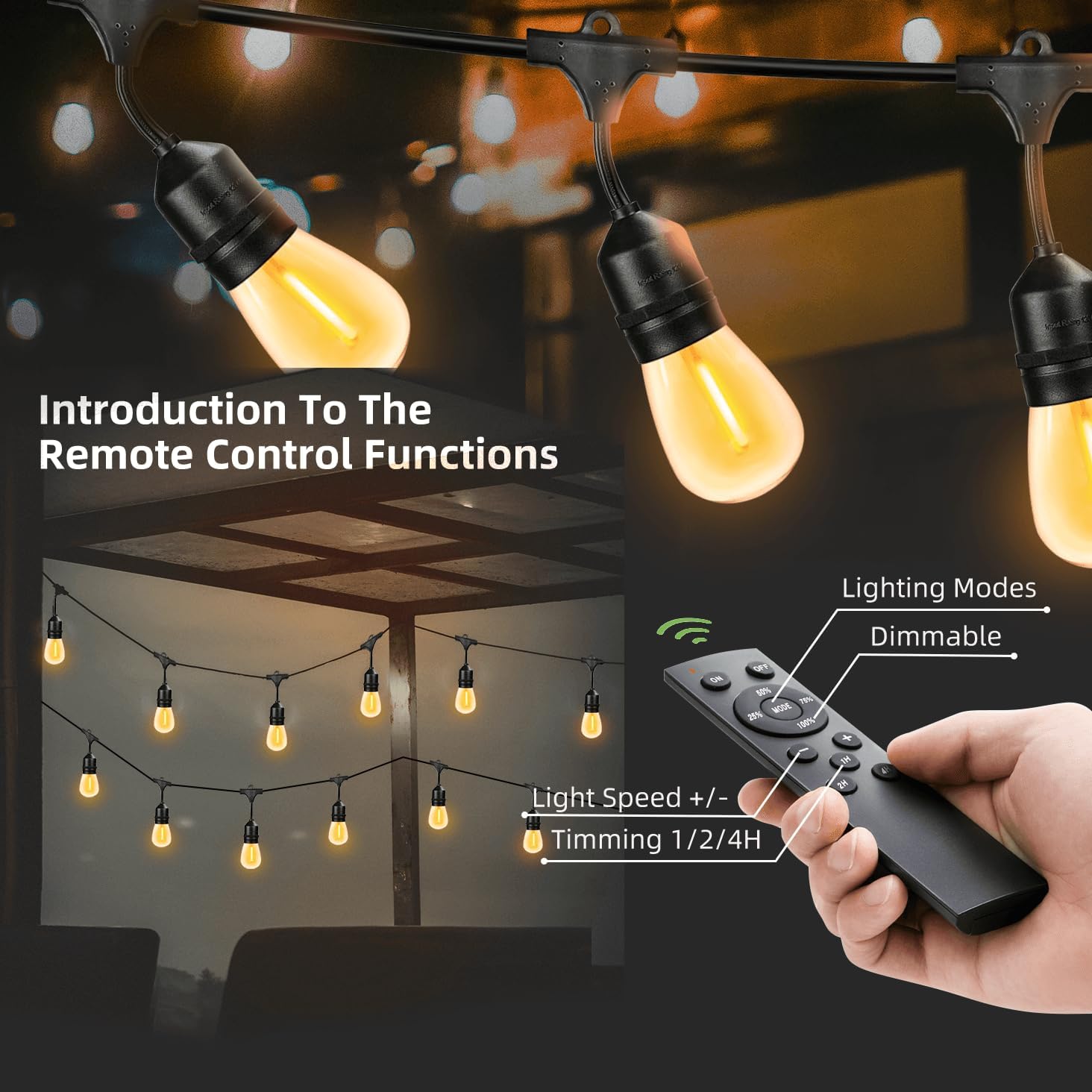 100FT Outdoor String Lights Remote Control Patio Lights Waterproof Commercial Grade, 30+2 Replaceable Dimmable Edison Bulbs, Black 1Pack, Linkable, Hooks and Zip Ties Included
