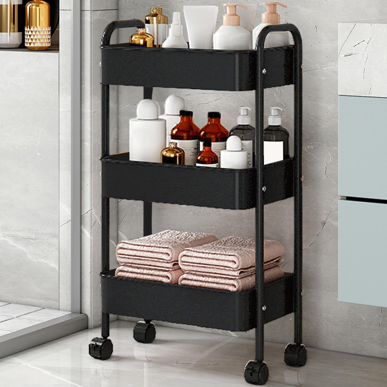 Carrello con ruote, grande capacità, 3 , con | Carrello da cucina multifunzionale a tre livelli, con ruote, mobile e grande capacità, per cucina,
