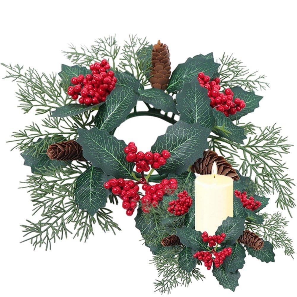 Casiler Red Christmas Candle Rings Wreath, Artificial Pine Cone Berries Candle Holder Wreaths For Dinner Table Candlesticks Centerpiece Xmas Home Decor