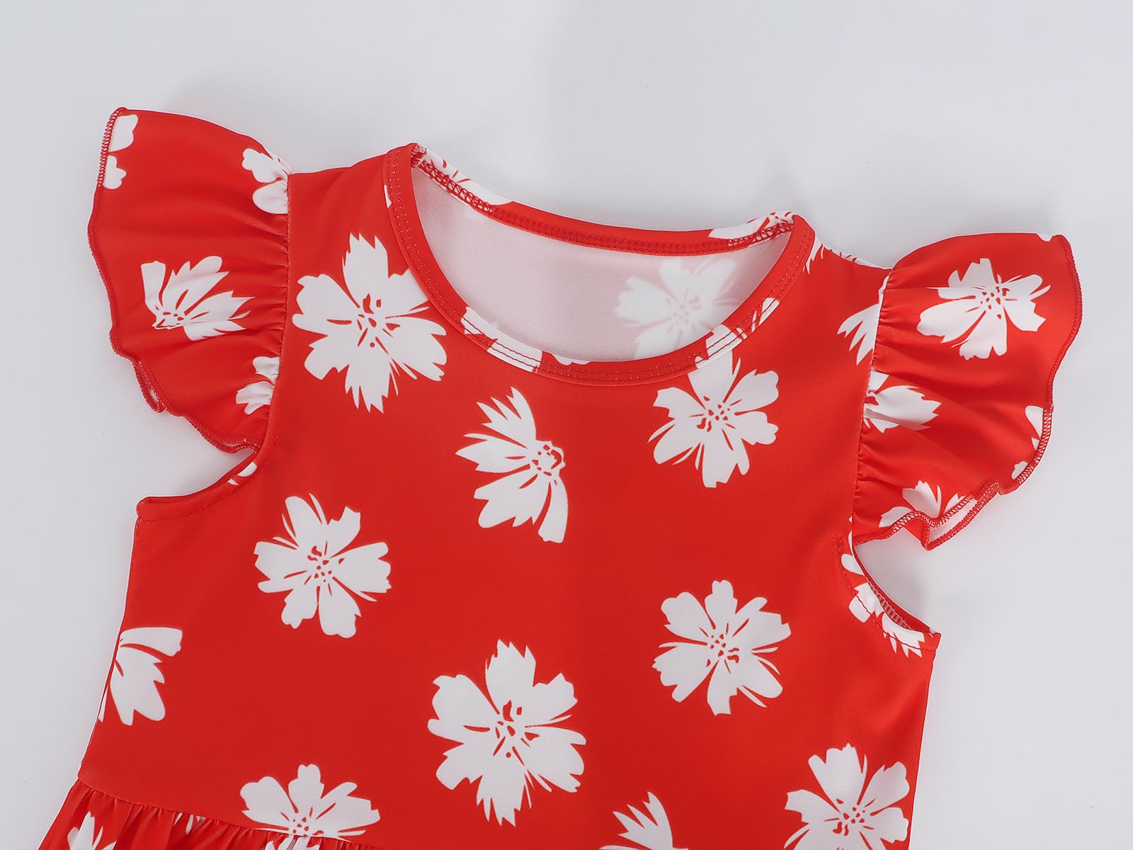 Jurebecia Hawaiian Dresses for Kids Girls Princess Costume Red Flutter Sleeve Hibiscus Flower Print Dress Halloween Christmas 7-8 Years - Image 4
