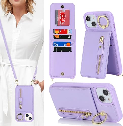 Funda para iPhone 14 Plus con tarjetero y correa para mujer, bolsa cruzada con soporte de anillo con cremallera para monedero Apple14Plus, color
