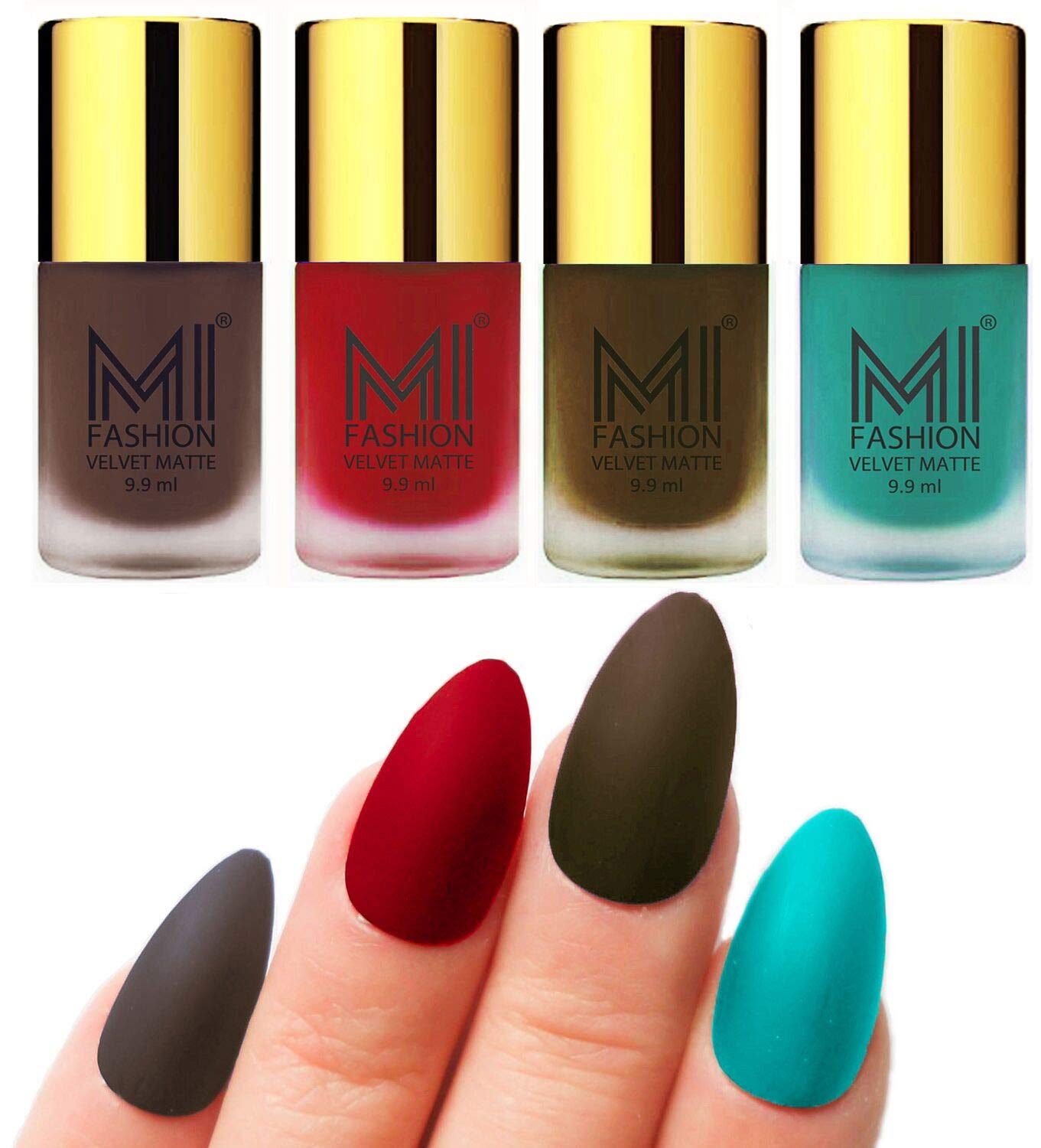 MI FASHION Velvet Matte Nail Polish Packs Pigmented With High Ingredients 9.9ml Coffee, Tomato Red, Olive Brown, Sky Blue (Pack Of-4)-image-31