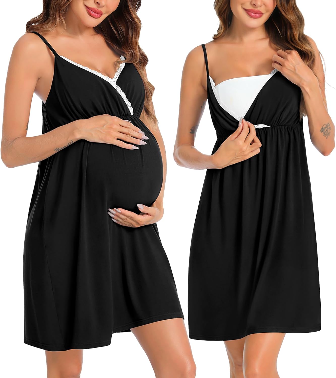 SWOMOG Womens Maternity Robe 2 Piece Nursing Nightgown for Breastfeeding 3 in 1 Labor Delivery Nursing Dress Lace Bathrobe - Image 2