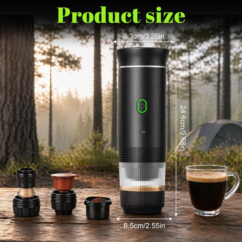 Macchina da caffè portatile, 3 in 1, a batteria, con USB, per campeggio, auto, viaggi, mini macchina da caffè compatibile con capsule e caffè macinato