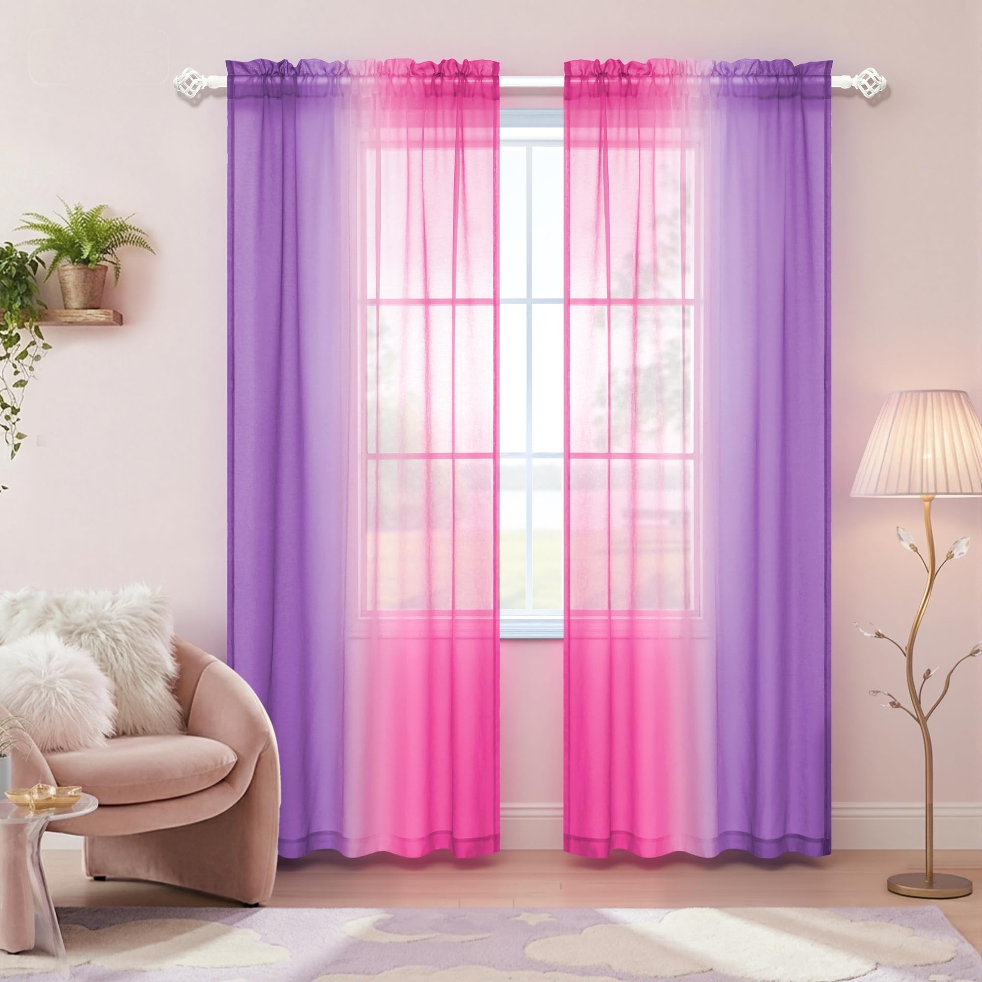 KOUFALL Room Decor for Teen Girls Bedroom Decoration Pink and Purple Sheer Kids Curtains Set of 2 Panels 52 x 84 Inch Length