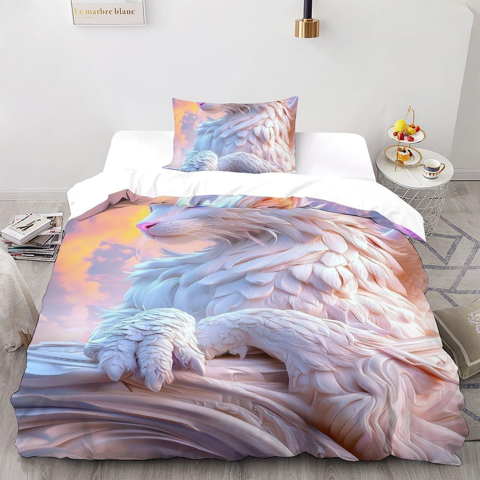 Housse de couette dragon blanc 135x200cm animaux land lit single microfibre 3d