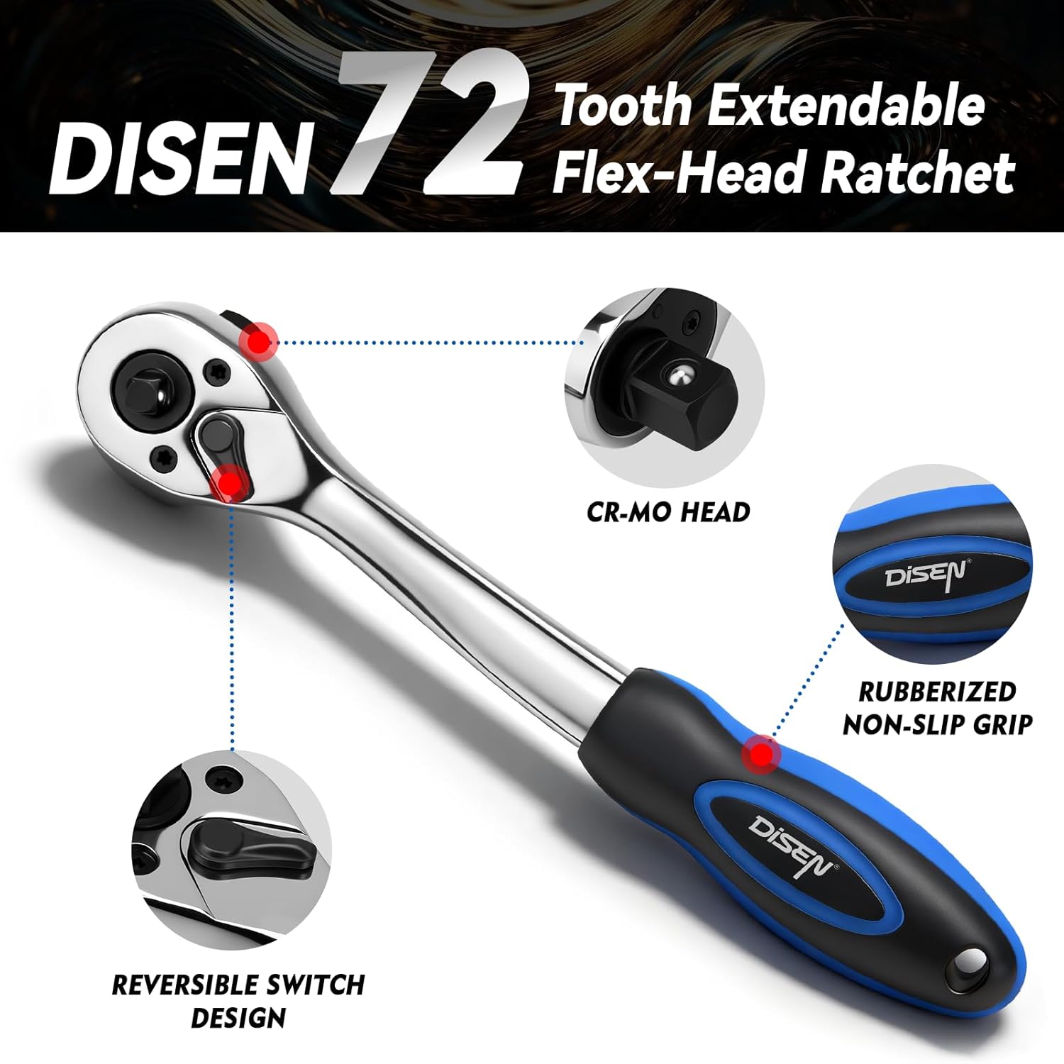 DISEN Ratchet Wrench, 2 in 1 Bit Socket Wrench with 1/4", 3/8", 1/2" Drive, 72-Tooth, Reversible, CR-V Steel Made, CR-MO Head, Dust Proof Teardrop Enclosed Head, Christmas Gifts for Men