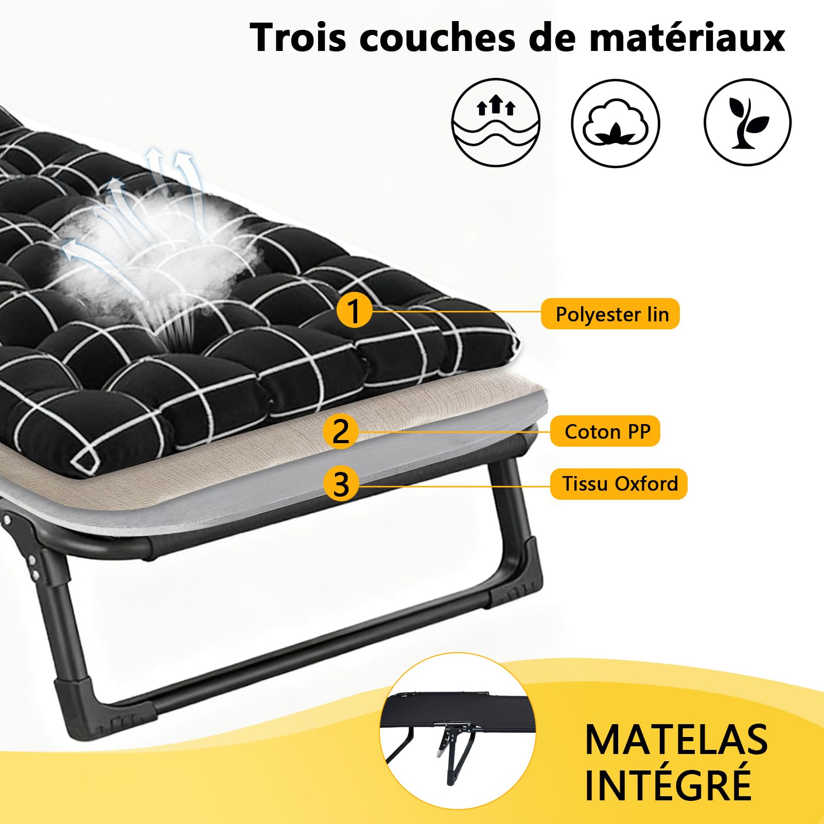 Lit Pliant 1 Personne avec Matelas en Coton Perle Faux, Lit de Camp Pliable Réglable 4 Positions pour Camping, Maison, Jardin – Cadre Acier Résistant 200kg, Compact et Portable (Noir)