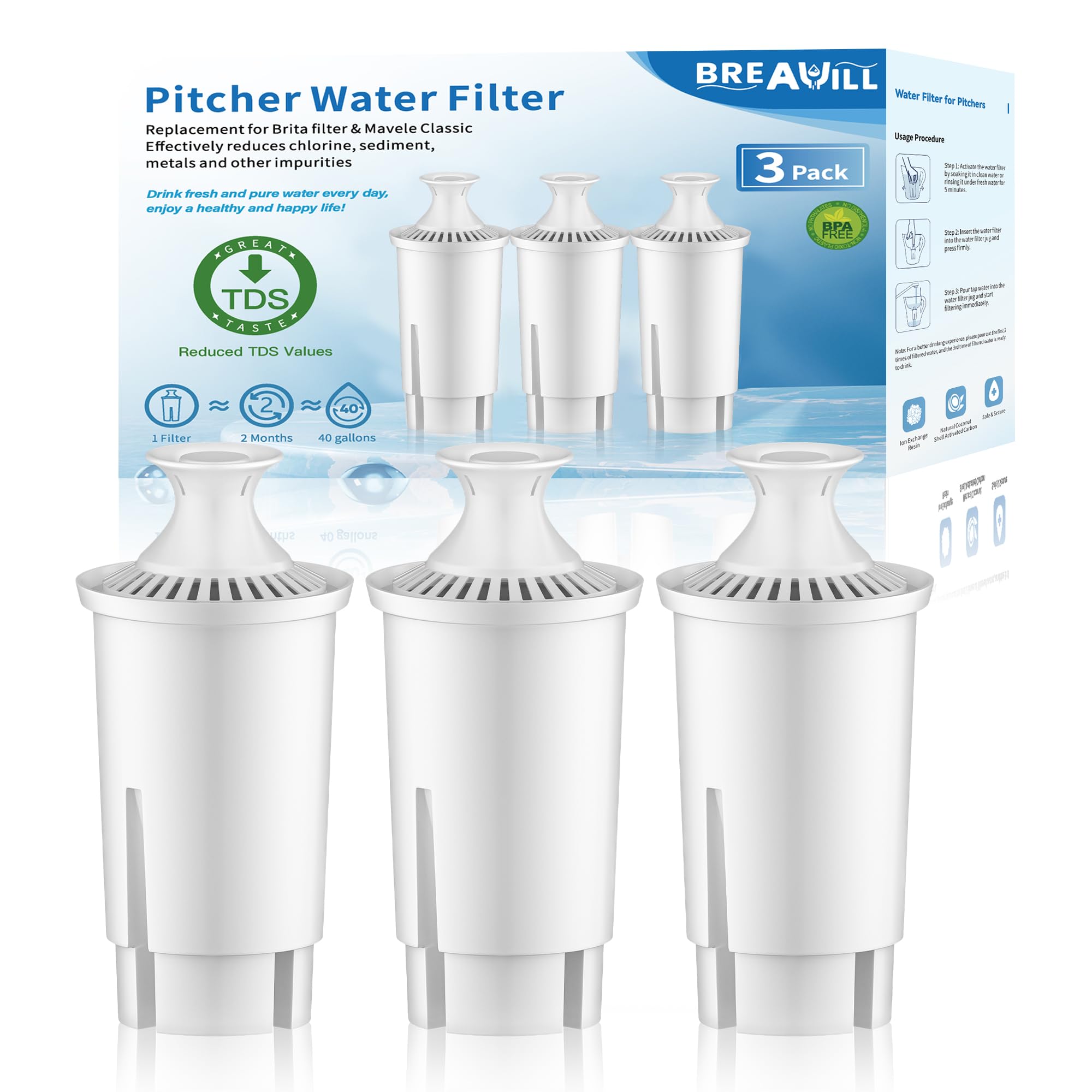 BREAUILL Water Filter Replacement Fit for Brita Filter, Pitchers, New Upgraded Filter to Reduce TDS, Chlorine etc., 3PCS Replacement Filters