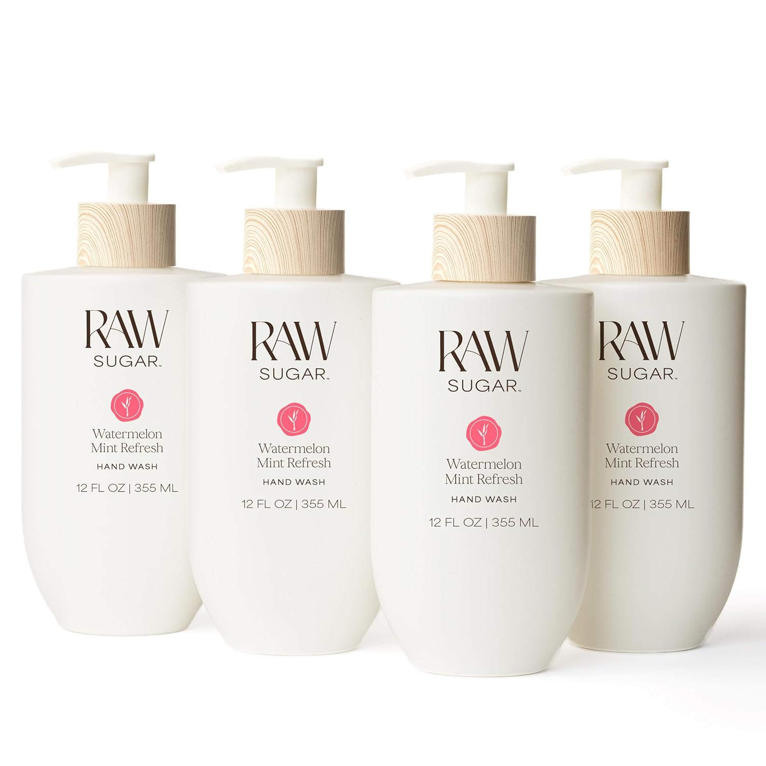 RAW SUGAR Watermelon Mint Refresh Hand Wash, 12 Fl Oz (Pack of 4) Liquid Hand Soap for Kitchen or Bathroom, Cleanses & Refreshes Hands, Vegan, Formulated without SLS/SLES & Parabens