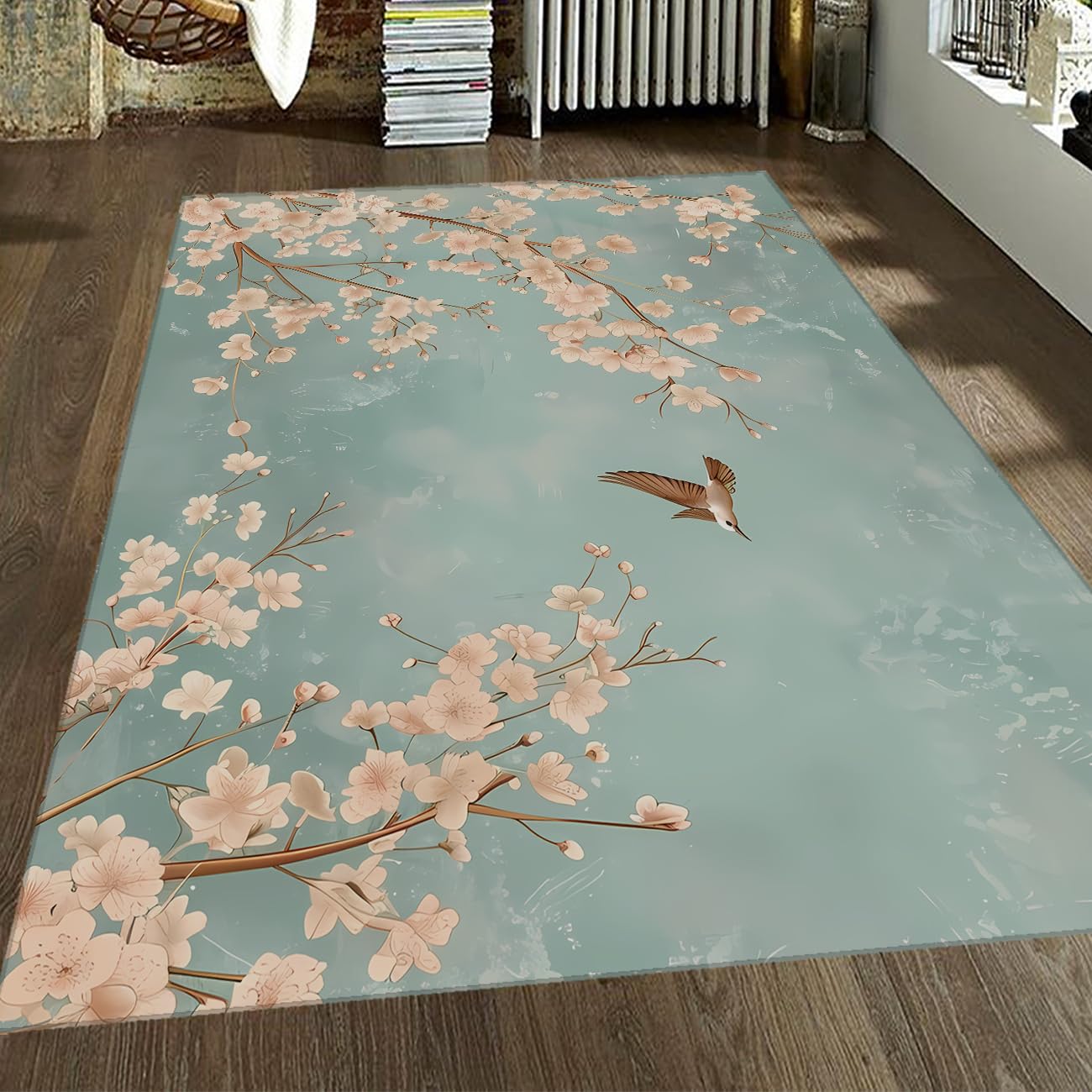 Tapis ultra doux léger en microfibre à motif oiseaux et fleurs