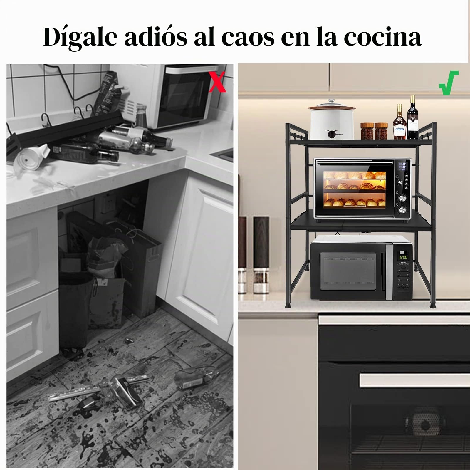 NAIZY Estante para microondas Estante extensible de 3 niveles de cocina Estante de pie con 3 ganchos Organizador de estante de cocina para encimera de cocina y almacenamiento, negro