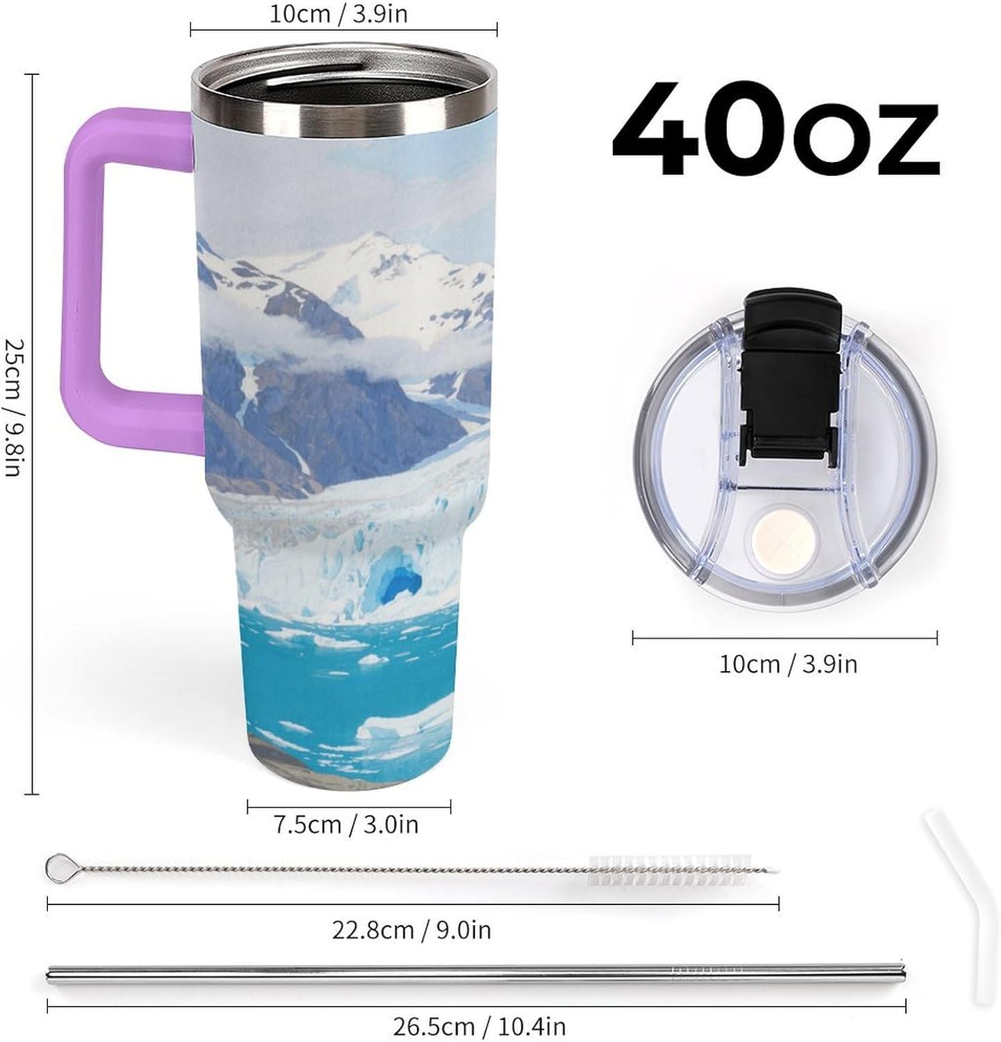40 Oz Insulated Mug with Handle Lid And Straw Glacier Fjord Pattern Large Metal Sports Bottle Great for Gifts Parties Office Coffee