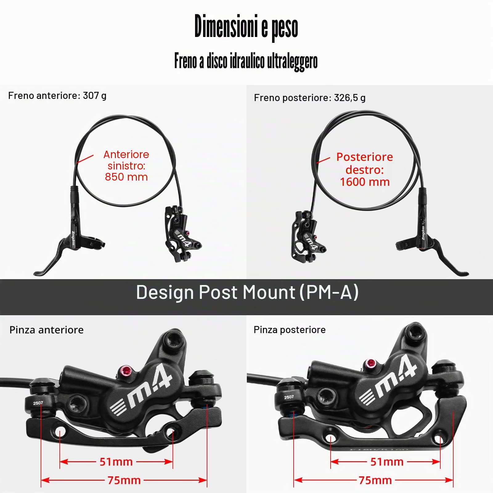 Set Freno a Disco Idraulico MTB con Rotore 160mm, Anteriore Sinistro/Destra Posteriore, Freni a Quattro Pistoni Freni per Biciclette PM/è Adattatore per MTB BMX