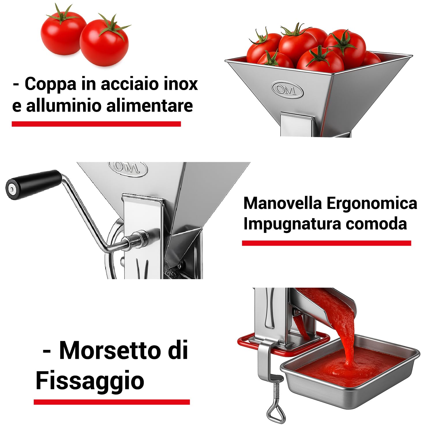 Crisalide® - Passapomodoro Manuale in Acciaio Inox con Guarnizione Salvatavolo in Plastica e Morsetto di Fissaggio, Dimensioni 17 x 22,5 x 30 cm