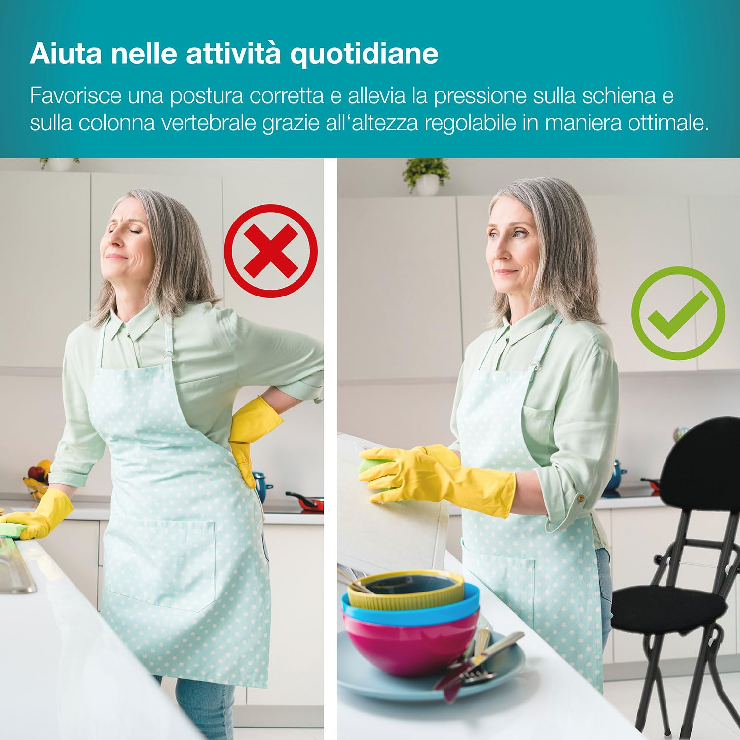 ELONEO Sedia Pieghevole Imbottita - Antiscivolo e Salvaspazio, Sgabello per Stirare, Cucinare o Giardinaggio, 3 Altezze Regolabili (58-65cm), Portata 120kg, Dimensioni 45x98x47cm (Nero)