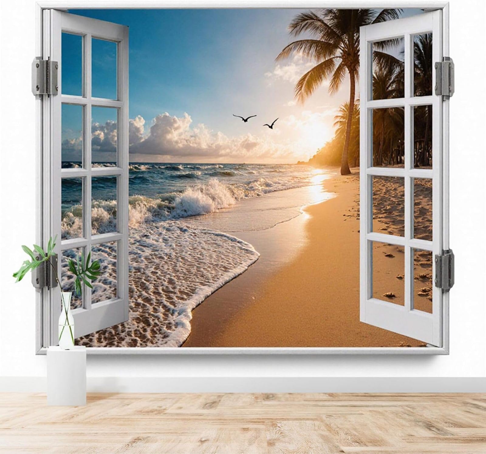 XLMING Tropical Beach Sunset Window Palm Trees Ocean Waves 3D Wallpaper Silky Texture Home Study Office Grey Dining Room Sofa Bedroom Living Room TV Backdrop-350cm×256cm
