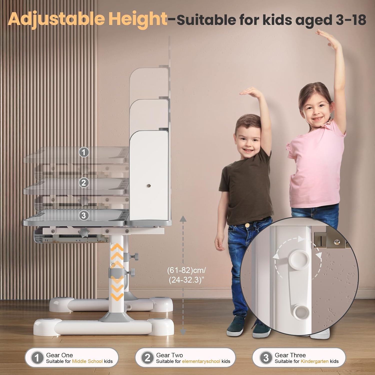 Kids Desk and Chair Set - 3-12 Height Adjustable ErgonomicArt Desk for Bedroom with 50° Tiltable Desktop, Easy-Turn Crank, Storage Drawer & Built-in Bookstand for Children Boys & Girls (Grey)