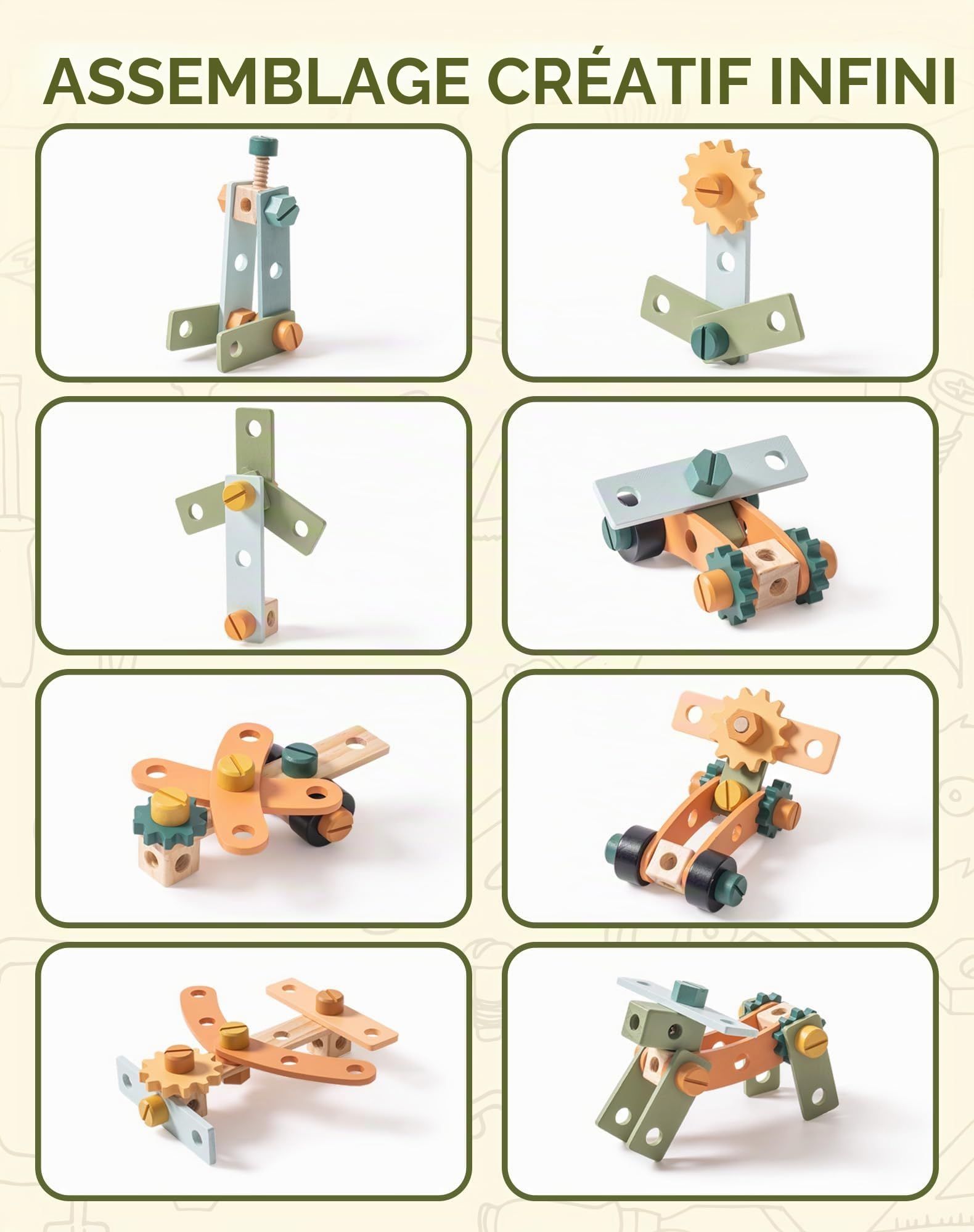 ROBUD Établi en bois pour enfants, banc à outils avec ceinture, lunettes de protection, papier à dessin pour jeux de rôle, jouet pour garçons et filles à partir de 3 ans