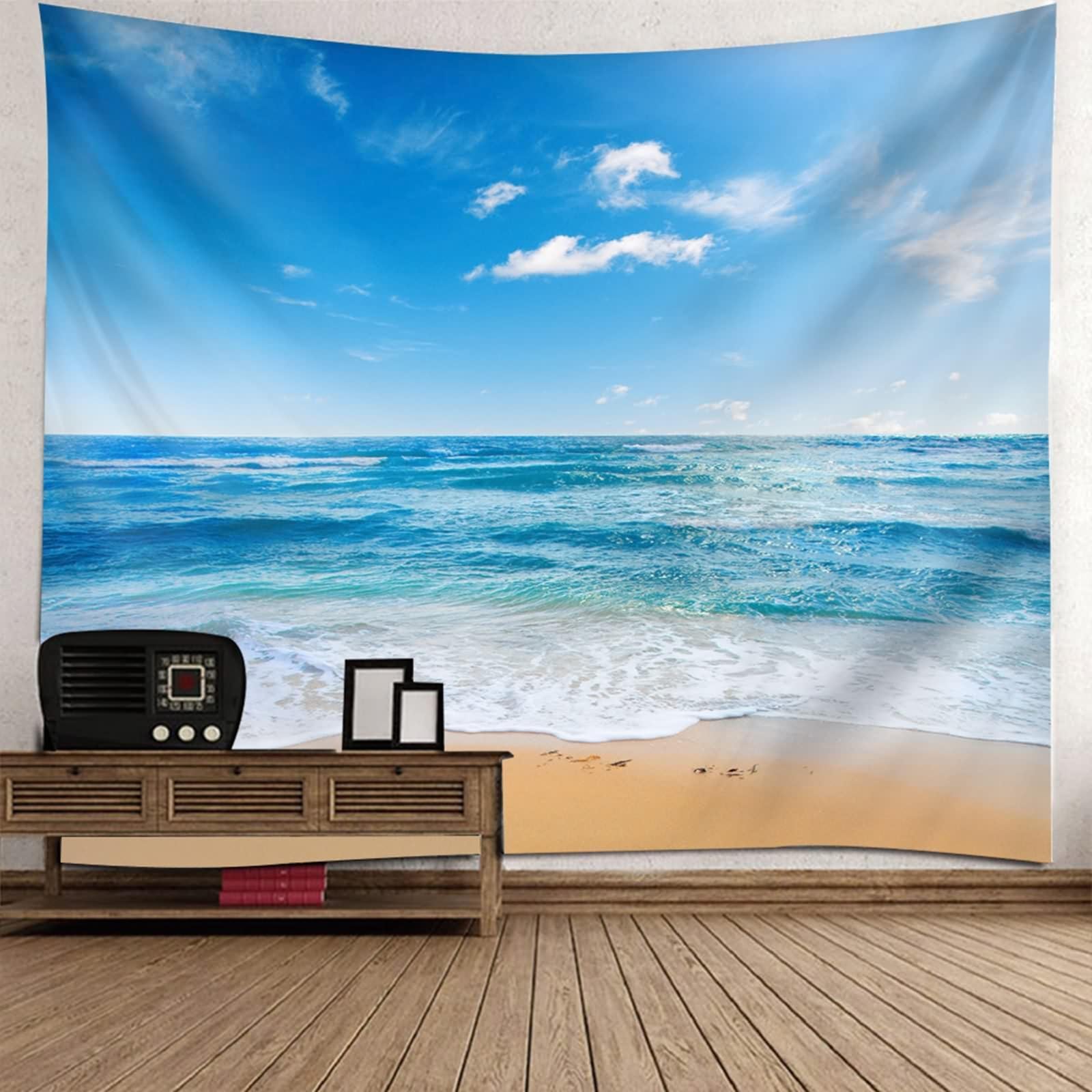Skcess Tkanina, niebiesko-brązowa, poliester, plażowe niebo, gobelin do salonu, sypialni, mieszkania, dekoracja ścienna, dywan ścienny, 350 x 256 cm