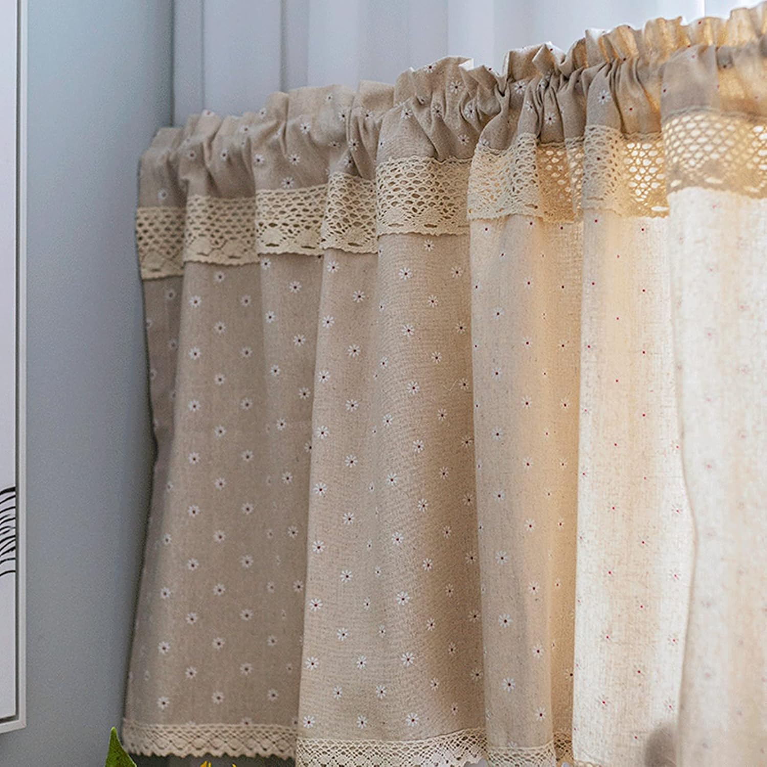 Tier Curtains,Short Cotton Embroidered Curtain Kitchen Curtain with Lace,Country Style Cafe Curtain Valance,Semi-Sheer Bistro Curtains Bedroom Kitchen Balcony Living Room Decor