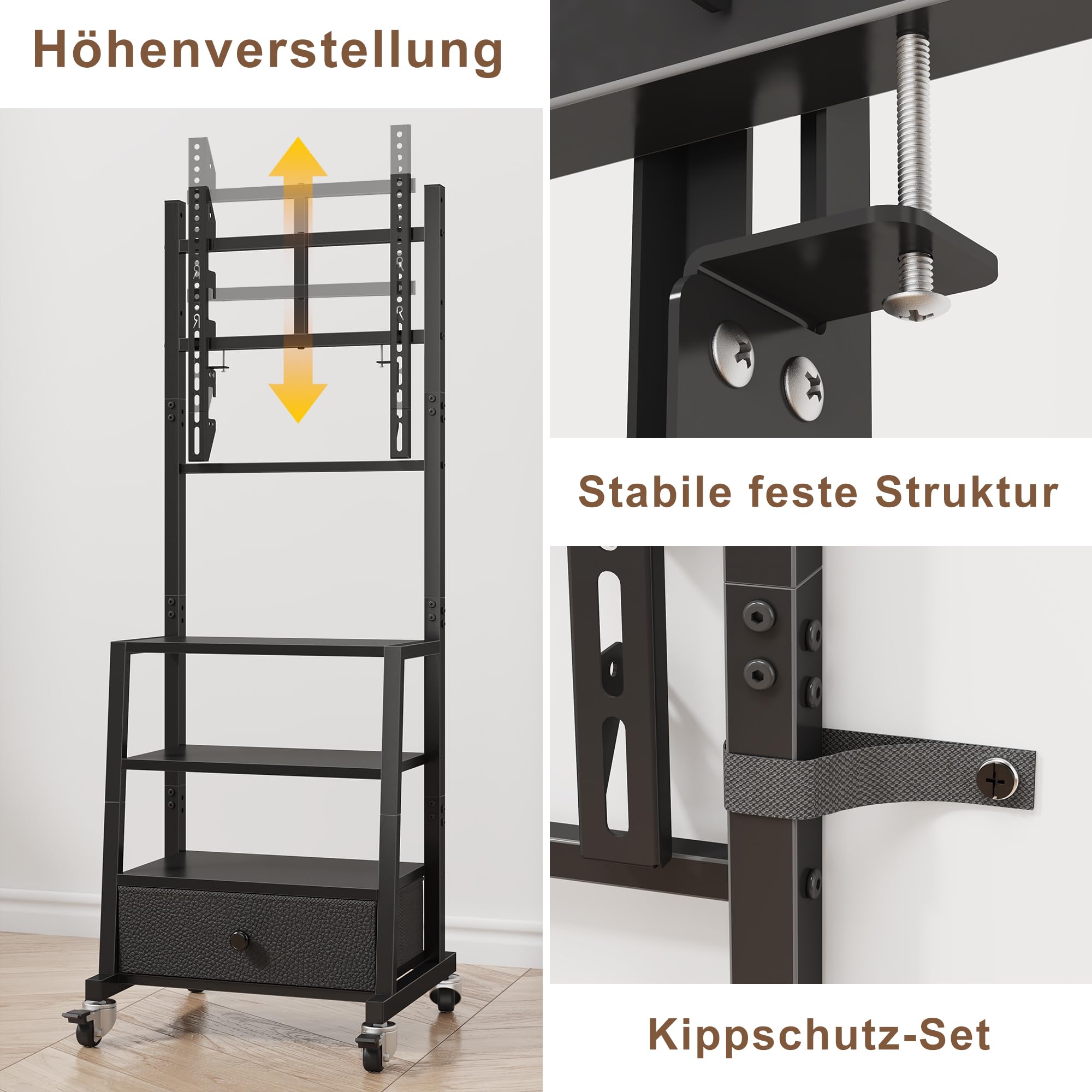 rollbarer TV-Ständer mit Halterung und Stoffschublade, Schwarz | Passt in Ecken, höhenverstellbar, 4 Rollen, Stoffschublade, kratzfest, leicht zu reinigen