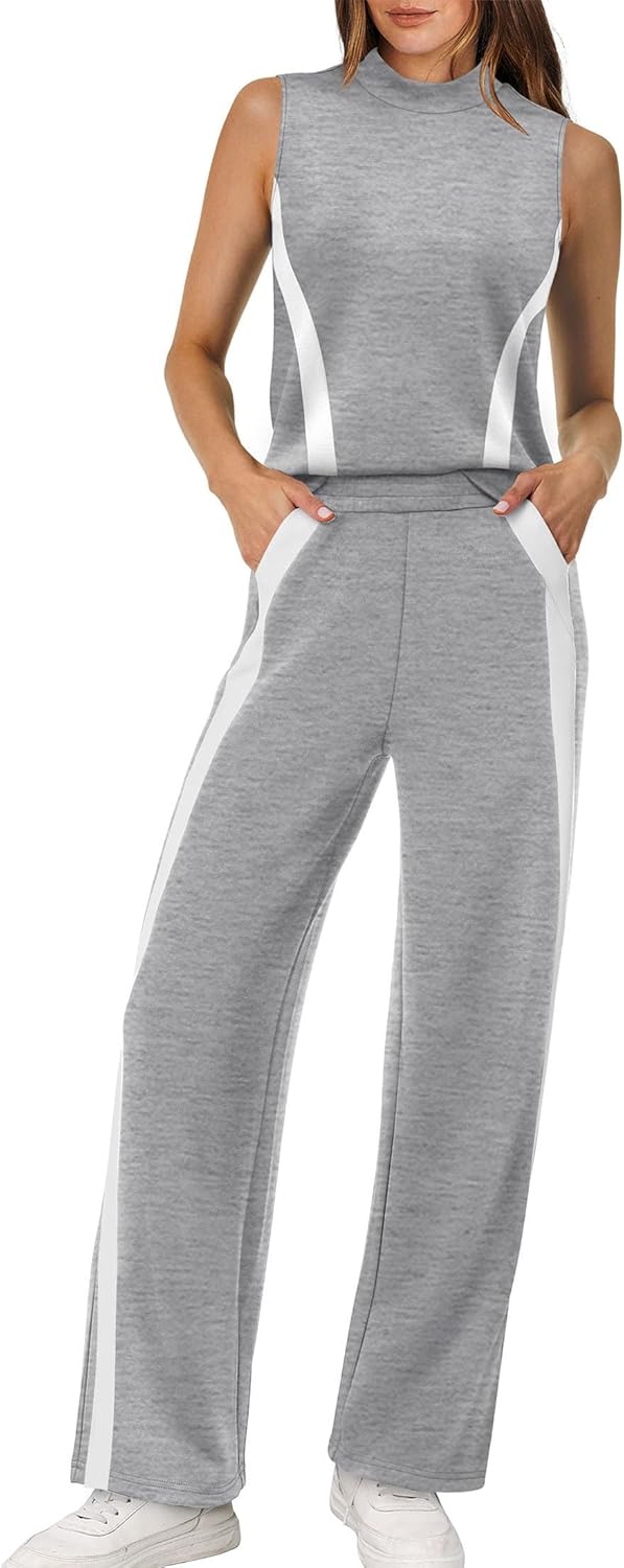 XIEERDUO Two Piece Sets for Women Summer Outfits Travel Mock Neck Lounge Sets Wide Leg Pants Beach Vacation Clothes