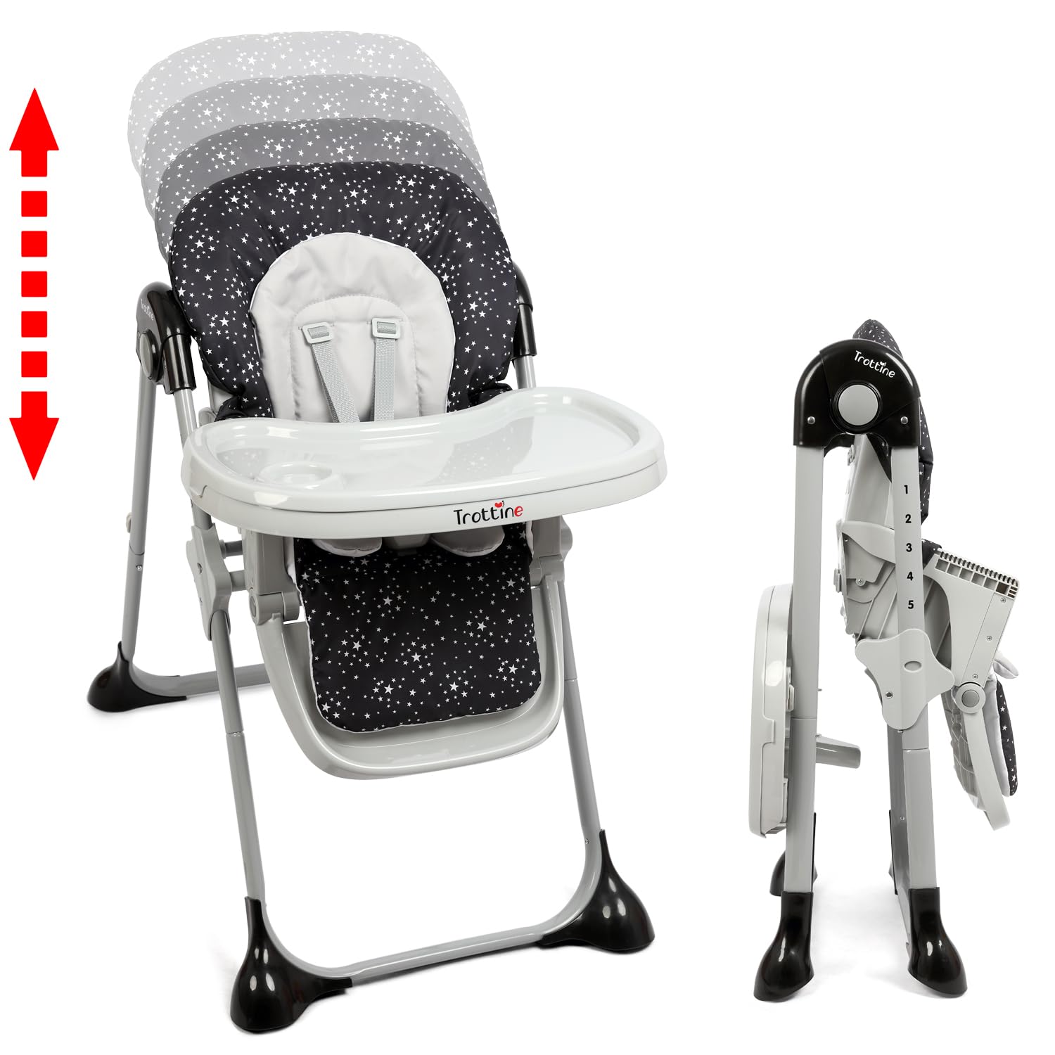FARADAY 3 Chaise Haute Bébé Multipositions Avec Réducteur, Inclinable, Hauteur Réglable, Plateau Coulissant Avec Surtablette Amovible, Harnais 5-points, Roulettes, Pliage Compact - NoirEtoile