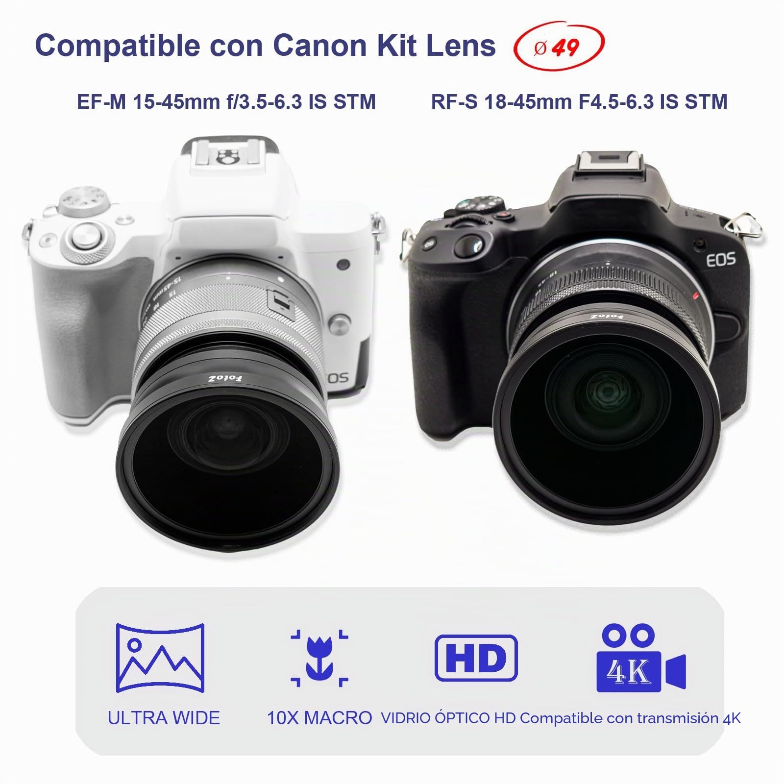 Lente de conversión Gran Angular HD de 49 mm 0,75x (porción Macro), para Canon EOS M6 M50 Mark II M100 M200 con Lentes EF-M de 15 a 45 mm, R50 R100, Accesorios con Lentes RF-S de 18 a 45 mm