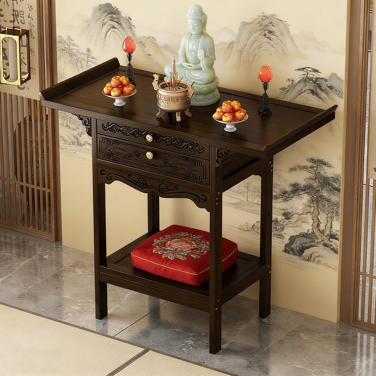 Autel Bouddhiste,Table D'autel Puja Wiccan en Bambou, Armoire Dieu de la Richesse,Style Modern, offrent Un culte aux ancêtres de Guanyin, Le Dieu de la Richesse(80cm,33cm)