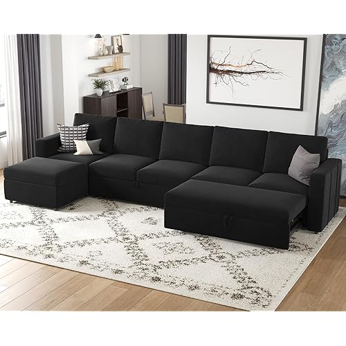Belffin Modular Sectional Sofa with Sleeper Sofa Couch Pullout Bed, 133" L Shaped Sleeper Sectional Couch with Storage Seat for Living Room, Black