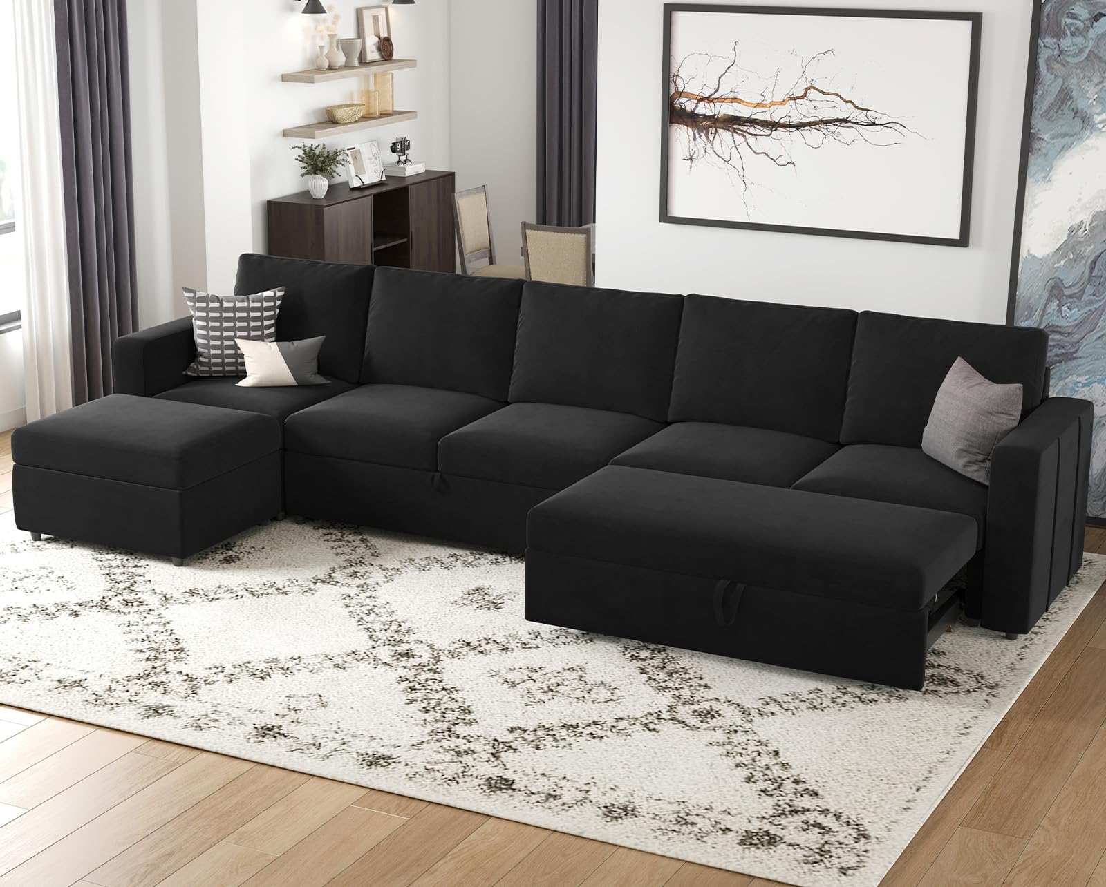 Belffin Modular Sectional Sofa with Sleeper Sofa Couch Pullout Bed, 133" L Shaped Sleeper Sectional Couch with Storage Seat for Living Room, Black