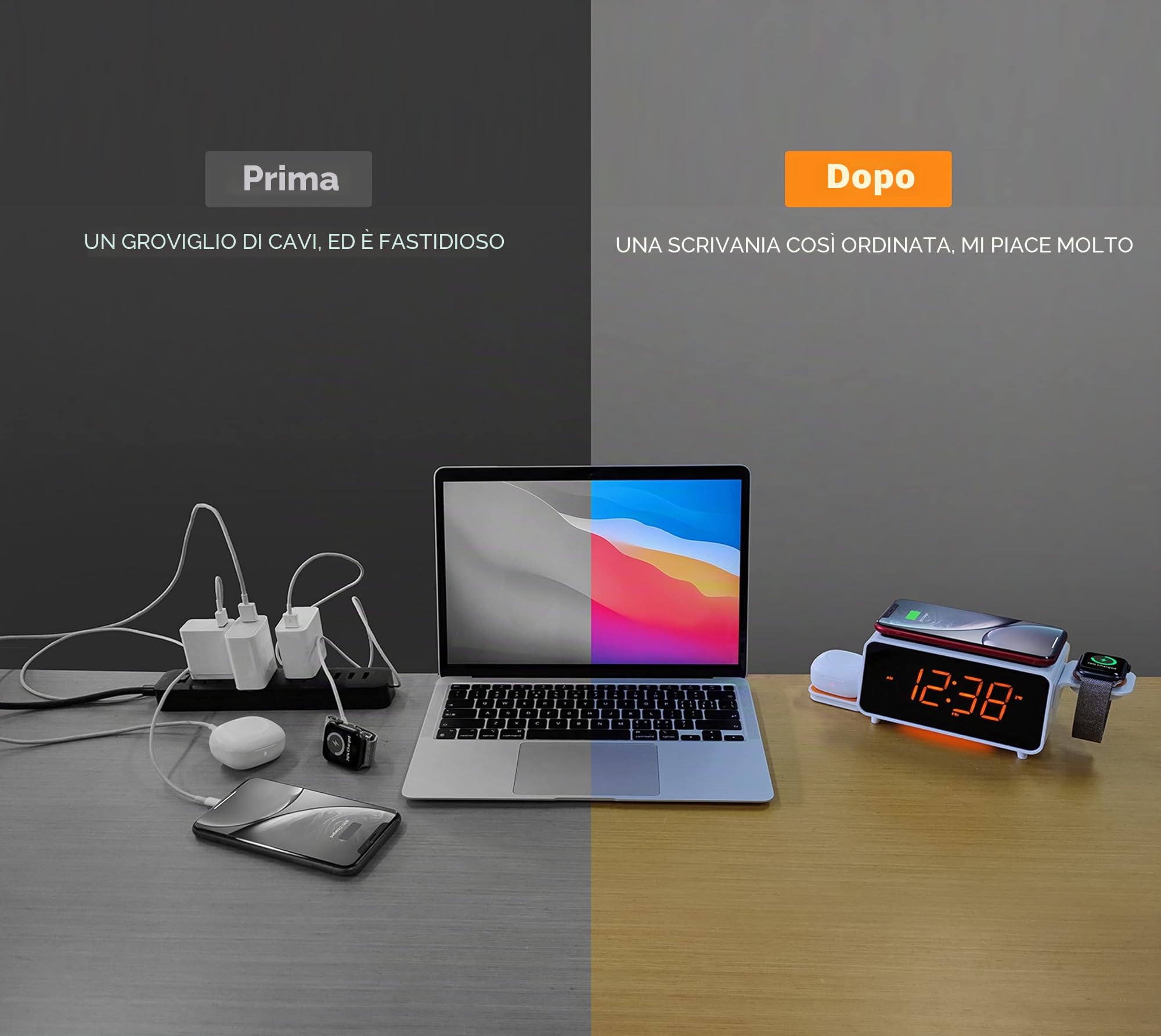 Radiosveglia, Caricabatterie Wireless Bluetooth 15 Watt, Porta USB, Doppia Sveglia Dock di Ricarica, Snooze, Sveglia Digitale Dimmerabile, Display da 1,4 Pollici Luce Notturna Led Arancio iTOMA CKS209