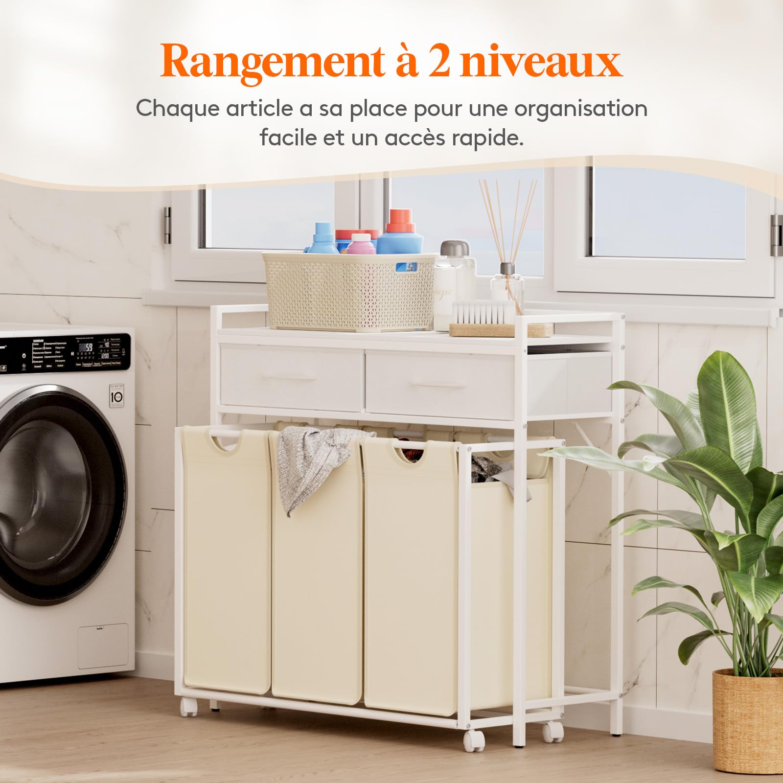 Lifewit Panier a Linge 3 Compartiments Roulettes 135L, Meuble Linge Sale Grande avec 2 Tiroirs et 3 Sac à Linge en Tissu Oxford, Bac à Linge pour Buanderie, Chambres, Salles de Bains, Blanc et beige
