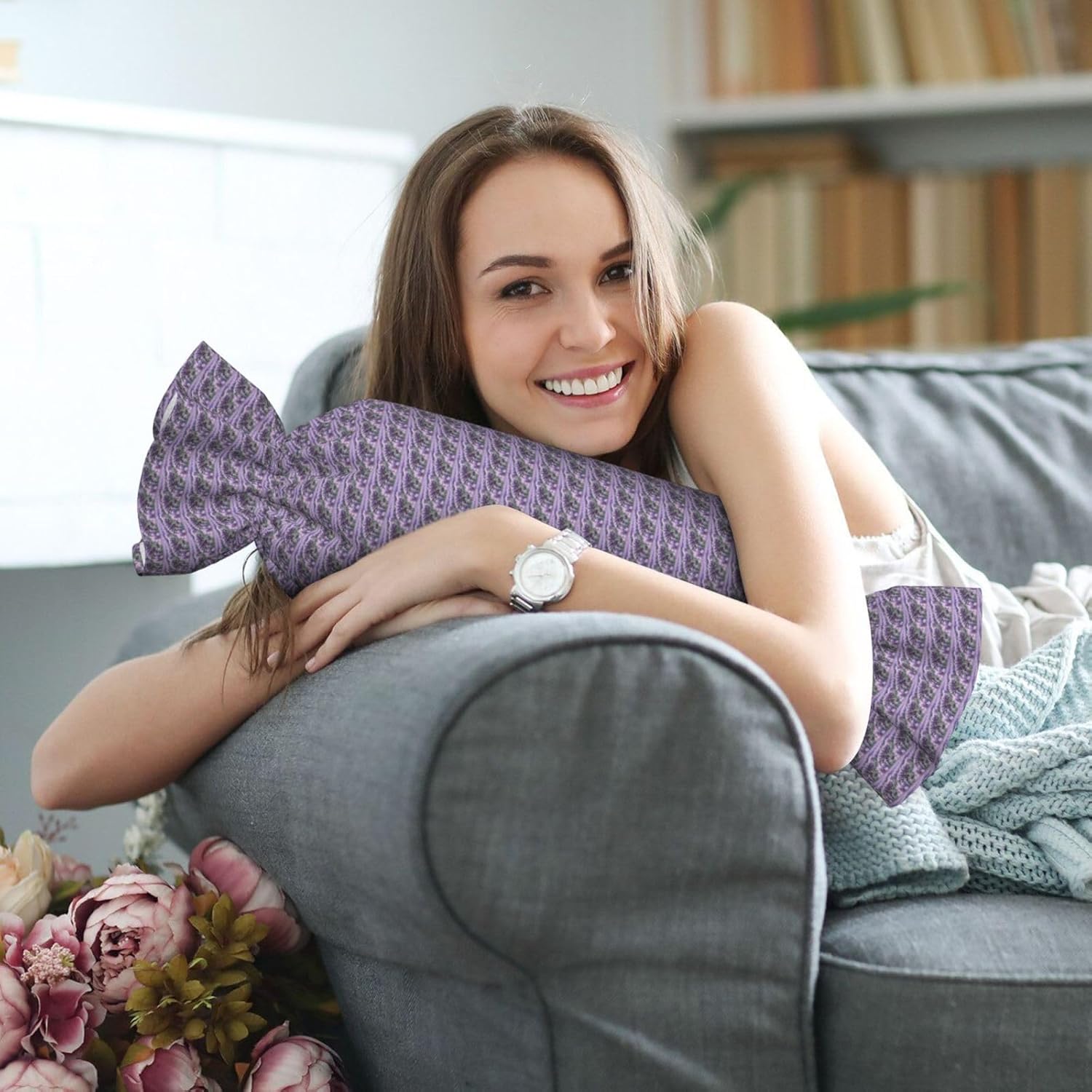 Lavender Flower Print Candy Cylindrical Eco-Friendly Pillow Soft Velvet Living Room Bedroom Travel Decor