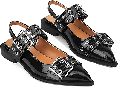 Yishaweiqi Wide Welt Buckle Ballet Flats for Women Slingback Flats Casual Ballerina Shoes Flat Squared Block Heel Pumps