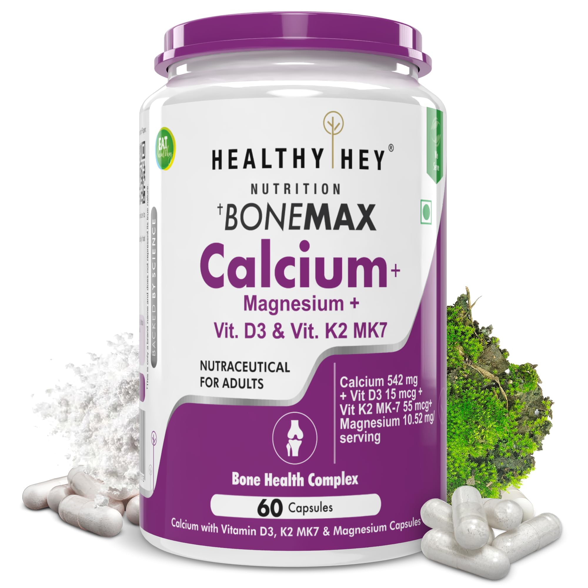 HealthyHey Nutrition Vegan Calcium with Magnesium, Vitamin D3 & Vitamin K2- Mk7 - BoneMax - Bone Health Complex - 60 Vegetable Capsules