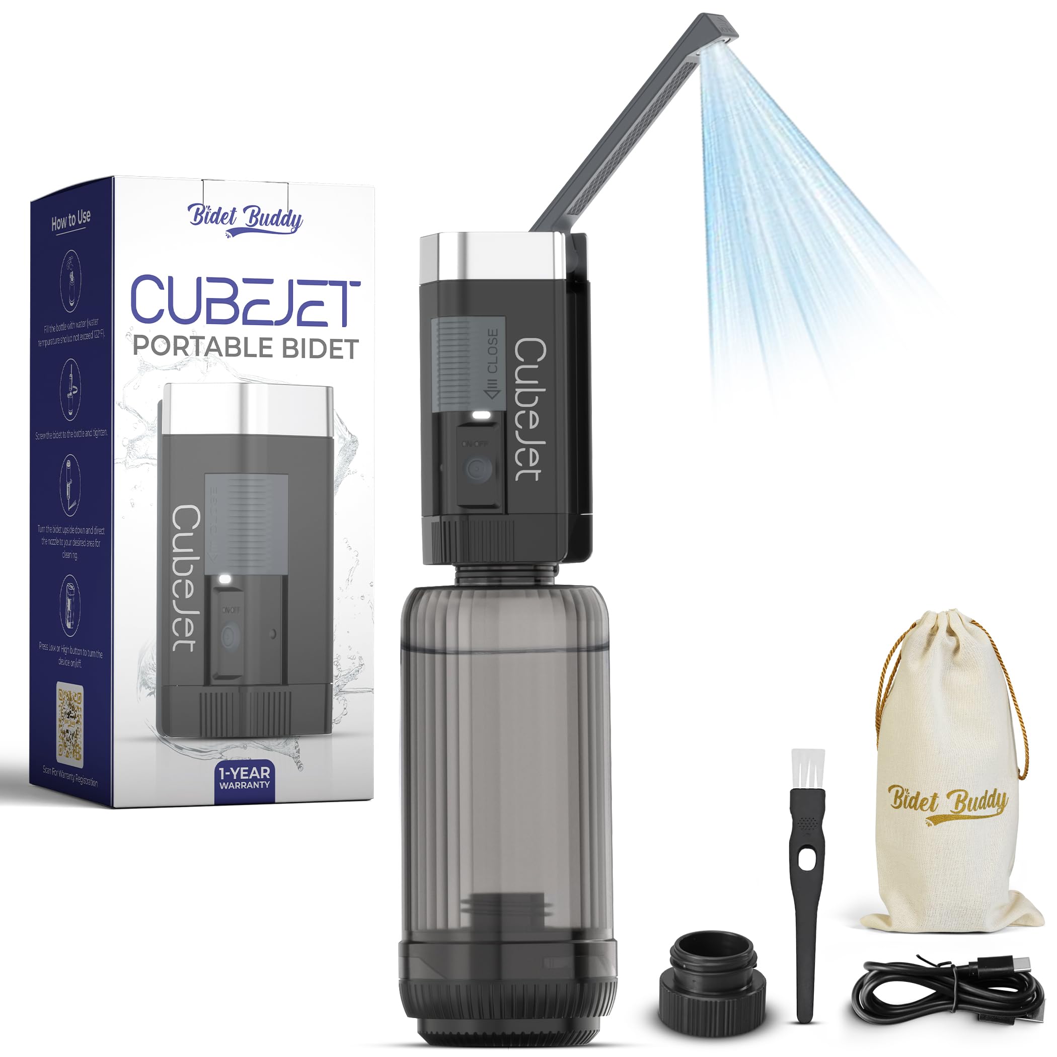 BIDET BUDDY® CubeJet Portable Bidet | Rechargeable Electric Travel Bidet for Travel, Camping & Home | Ultra High Pressure USB-C Hygiene Device with Seat-Bidet-Level Cleaning Power - Obsidian Drift