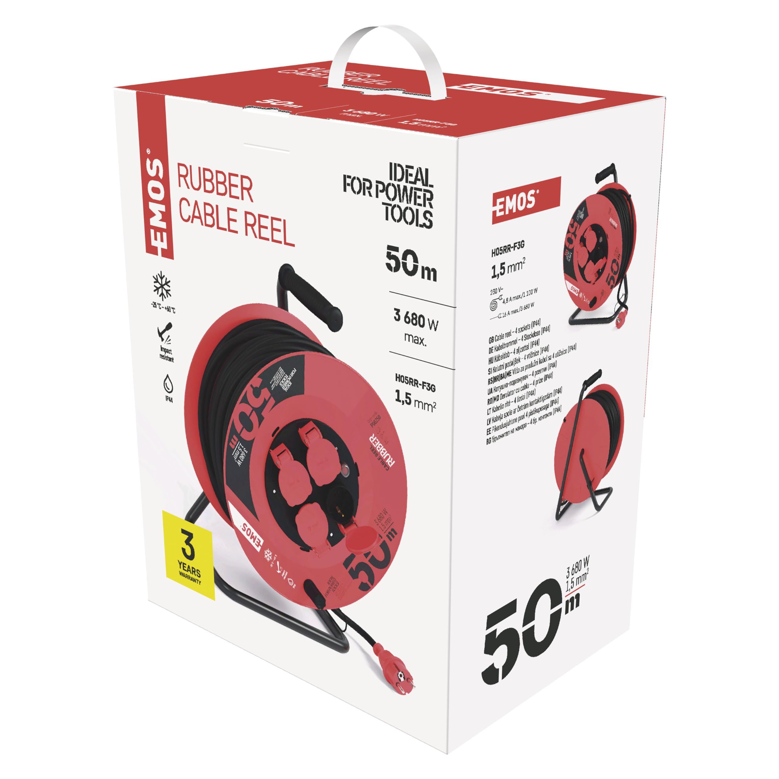 EMOS - Kabeltrommel 50m - 4 Schuko-Steckdosen - wasserdicht, schlagfest, hitze- & kältebeständig - 230V, 16A, 3680W - Gummi-Isolierung - H05RR-F3G 1,5 mm2 - IP44 für Außenbereich