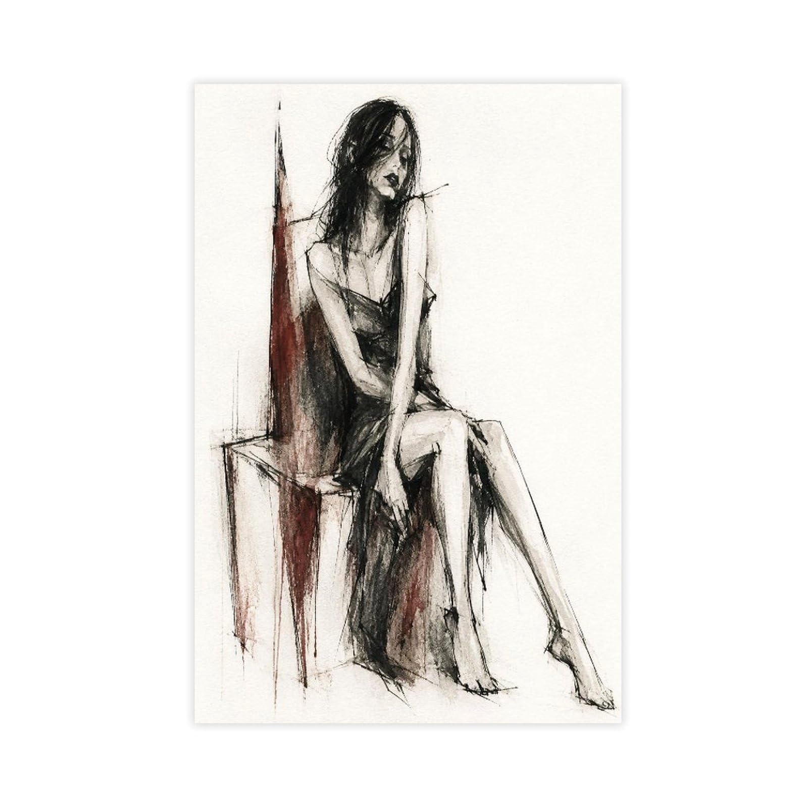 W7c8u2x3 Unframe-Style-23 Seated Woman Charcoal Sketch Canvas Wall Art, Dorm Decor