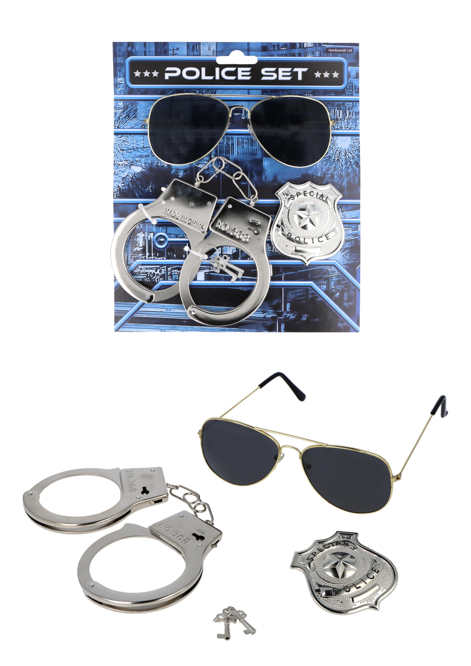 HENBRANDT 2 x Adult Police Detective Fancy Dress Sets with Dark Sunglasses, Police Badge and Handcuffs Uniform Cosplay Halloween Cops and Robbers Accessories Set for Men and Women