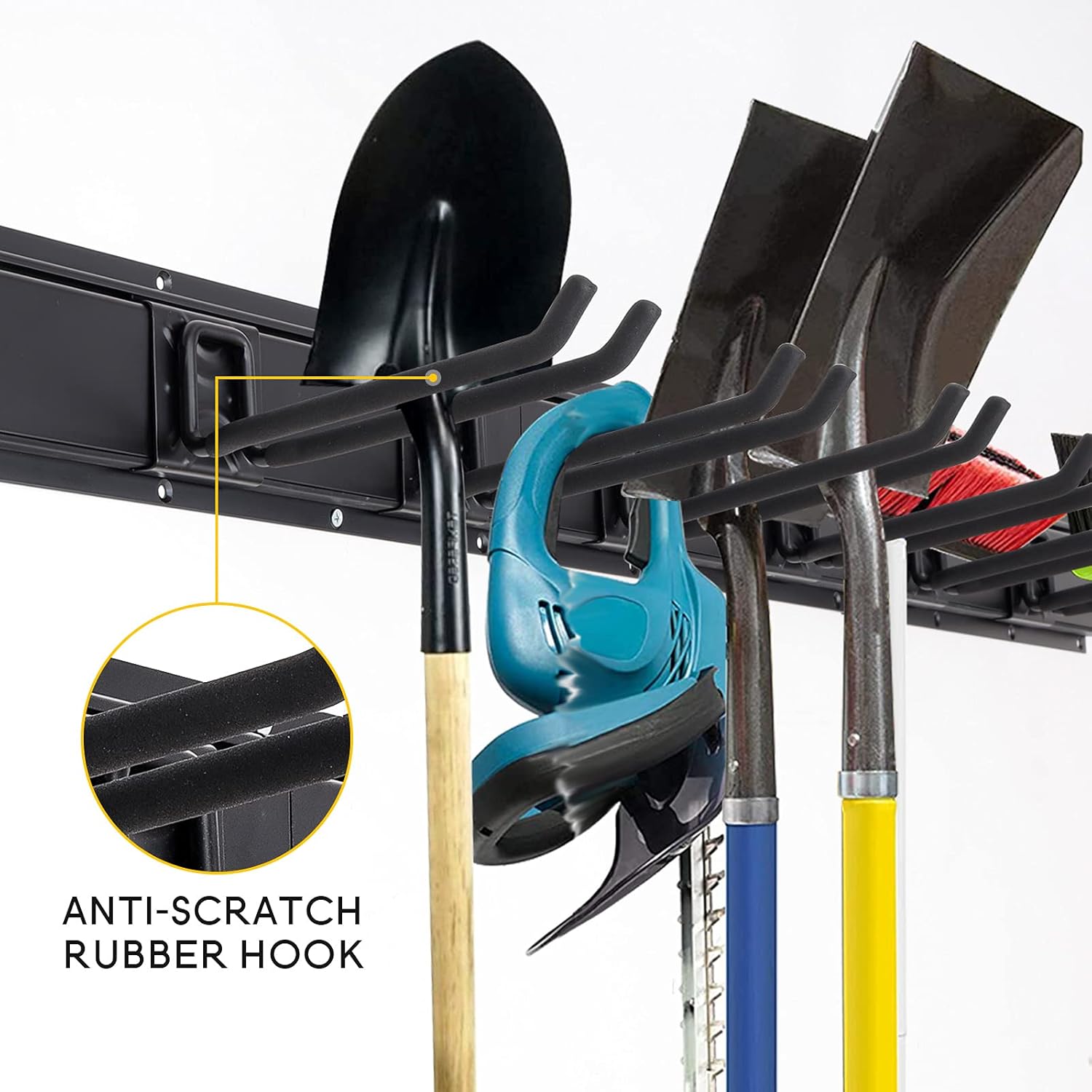 Garage Tool Storage Rack Wall Mount, Garage Organizer Storage System with 6 Adjustable Hooks Heavy Duty Steel Tool Holder Garden Tool Hanger Rack for Chair, Broom, Mop, Rake Shovel Yard Tools